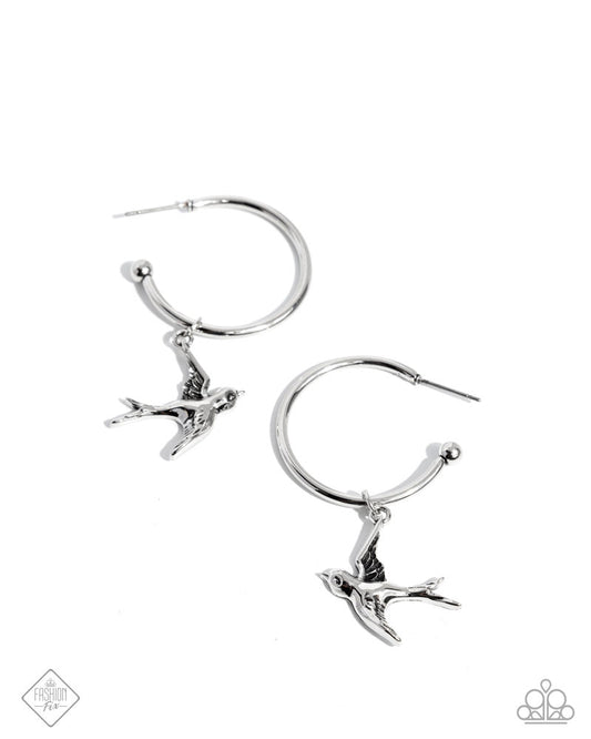 Meadowlark Memento - Silver ~ Paparazzi Hoop Earrings