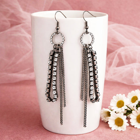 Swing Dance Dazzle — Gunmetal & Rhinestone Tassel Earrings