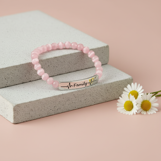 Family is Forever Pink Cat's Eye Bracelet with dusty rose background